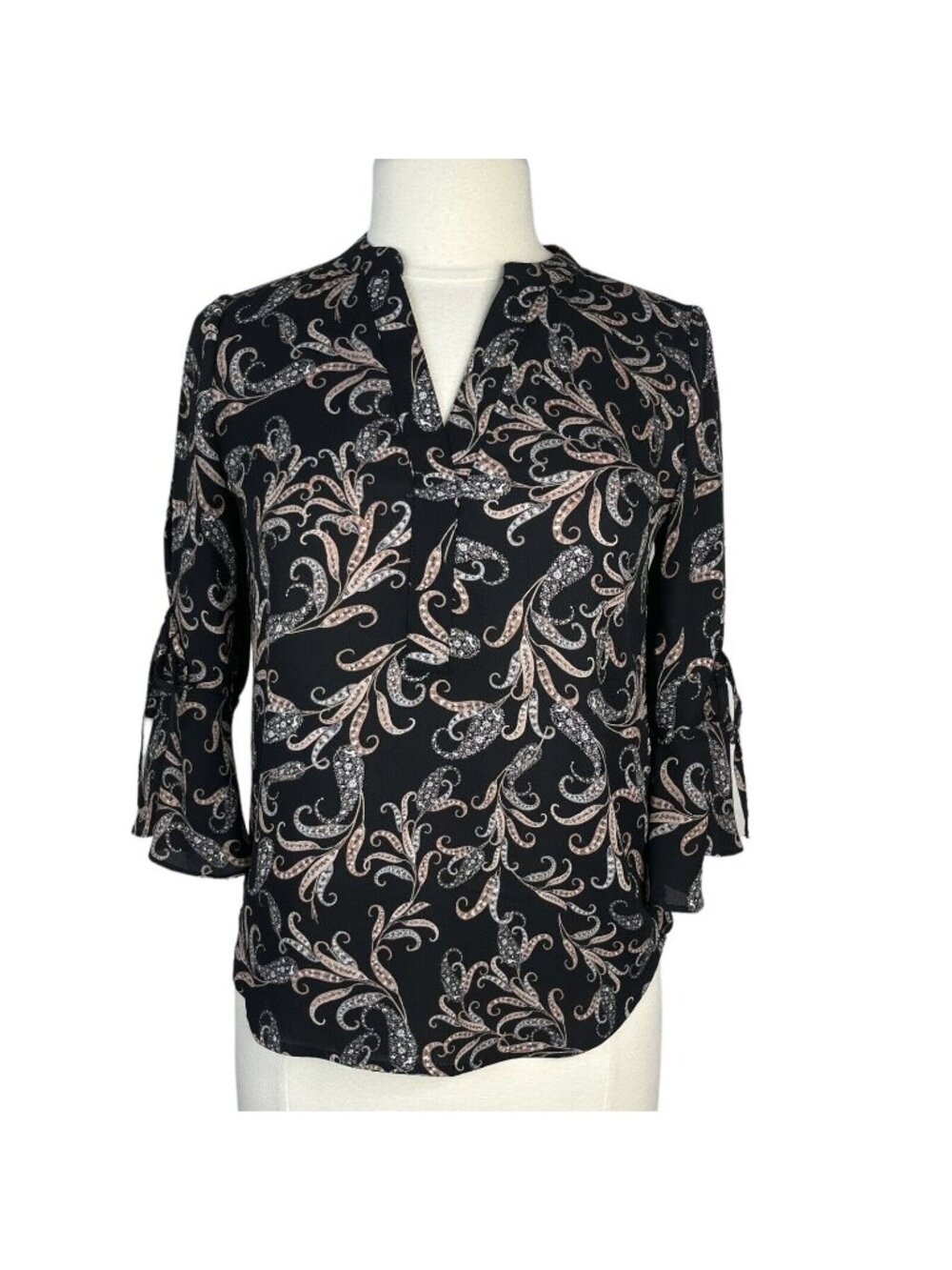 41 Hawthorn Vneck Blouse Shirt Womens XS Petite Black Pink Paisley Stretch